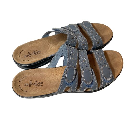 Clarks Collection Leisa Cacti Comfort Slide Sandals Leather Denim Blue 10M - Picture 4 of 12